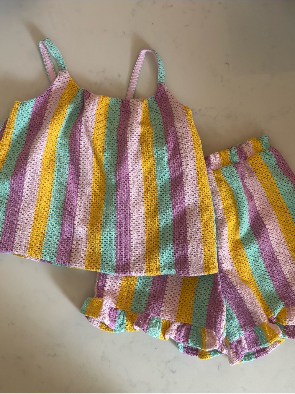 Old Navy Pastel Striped Crochet Tank & Ruffle Shorts